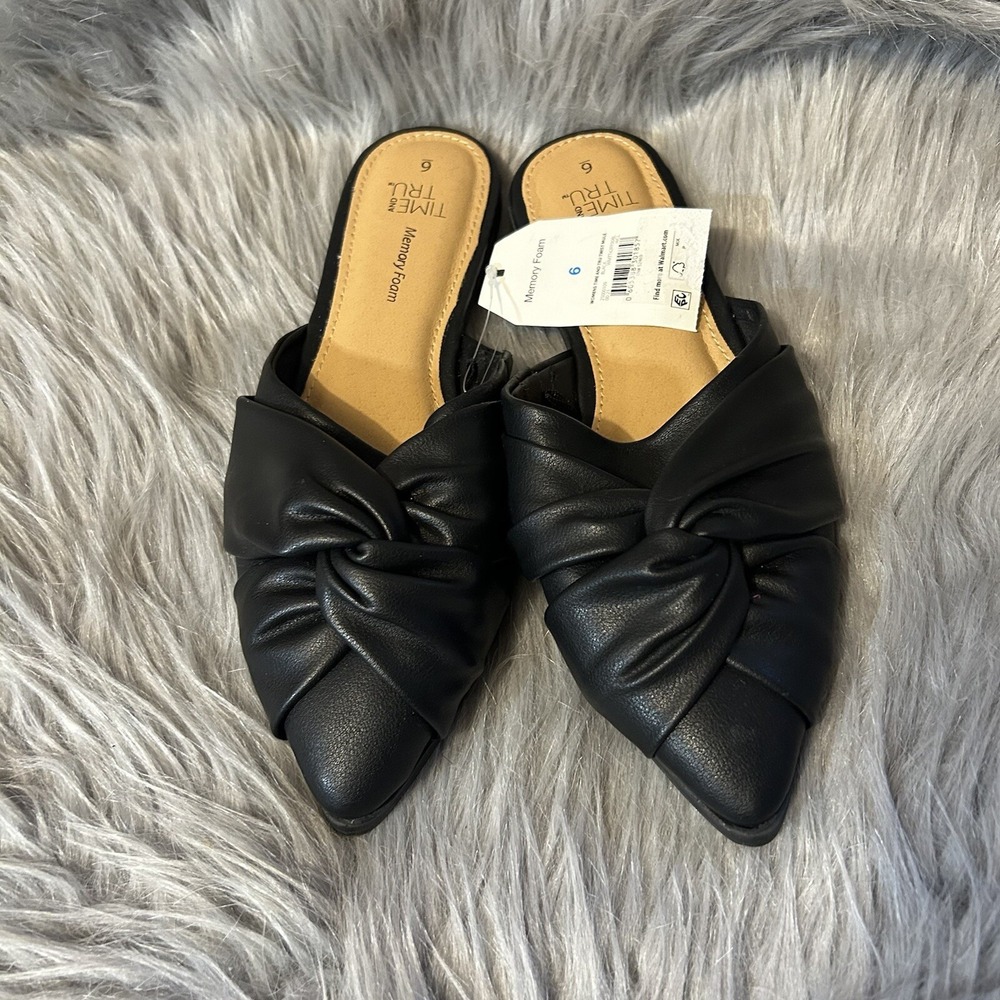 Time And True‎ Black Twist Mule Women's Size 6 Memory Foam Slip On Flats Shoes